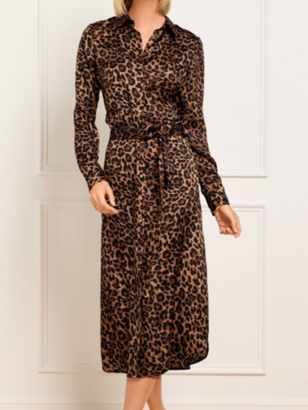 Talbots Leopard Print Tie Waist Shirt Dress Size 10